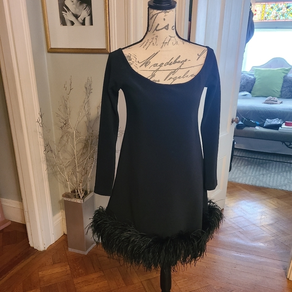 A.B.S Stunning Dressy Little Black Dress w Ostrich Feathers on Bottom hp 13x🔥🔥 - Picture 3 of 16